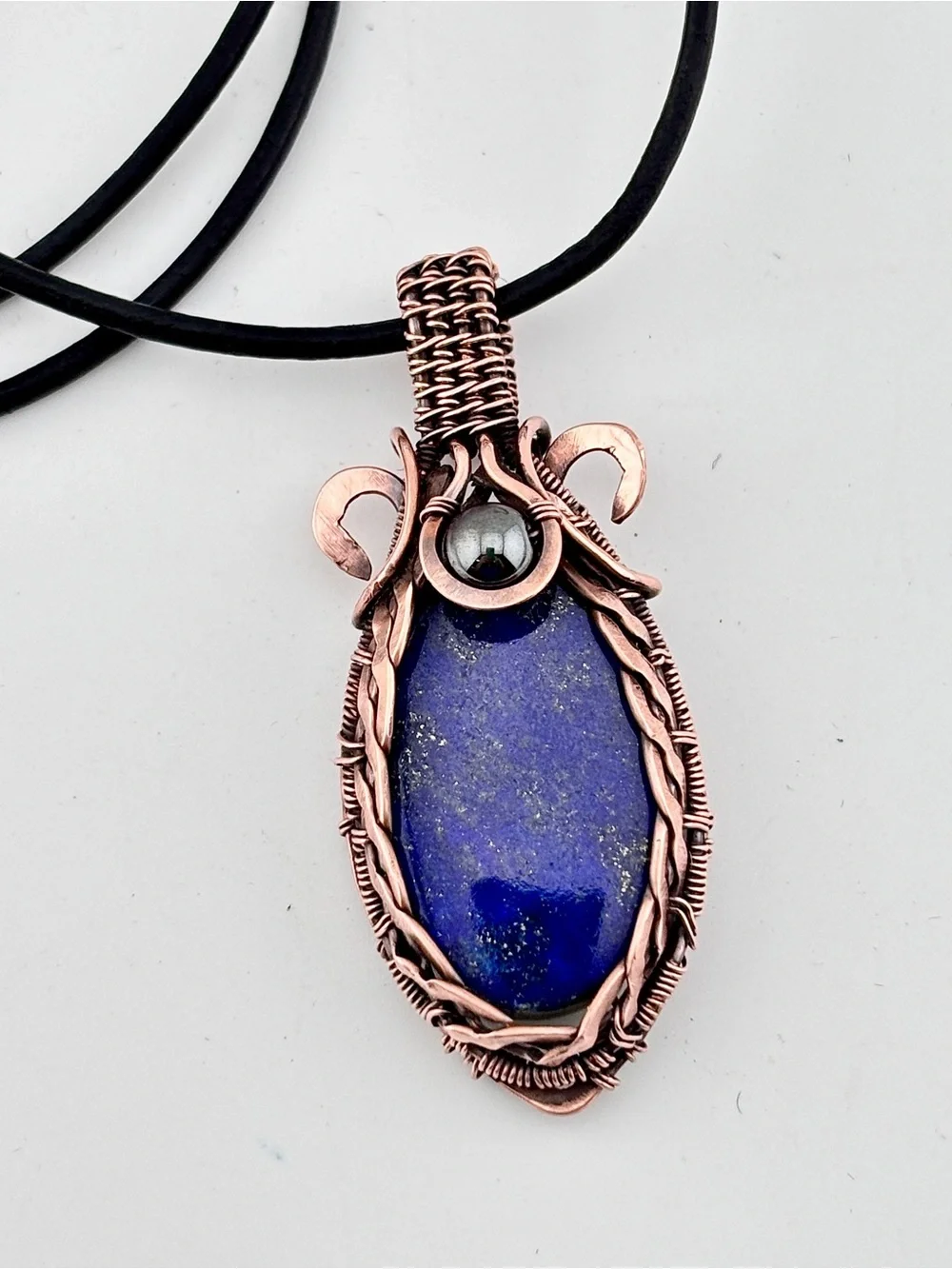 HANDMADE Lapis Lazuli Hematite Copper Wire Wrapped Masculine Pendant Necklace